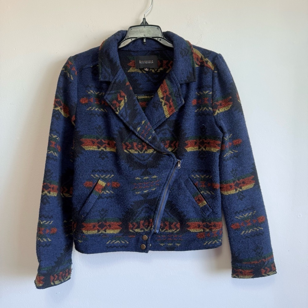Blu Pepper Southwestern Aztec Print Moto Jacket Blue Medium BoHo Tribal